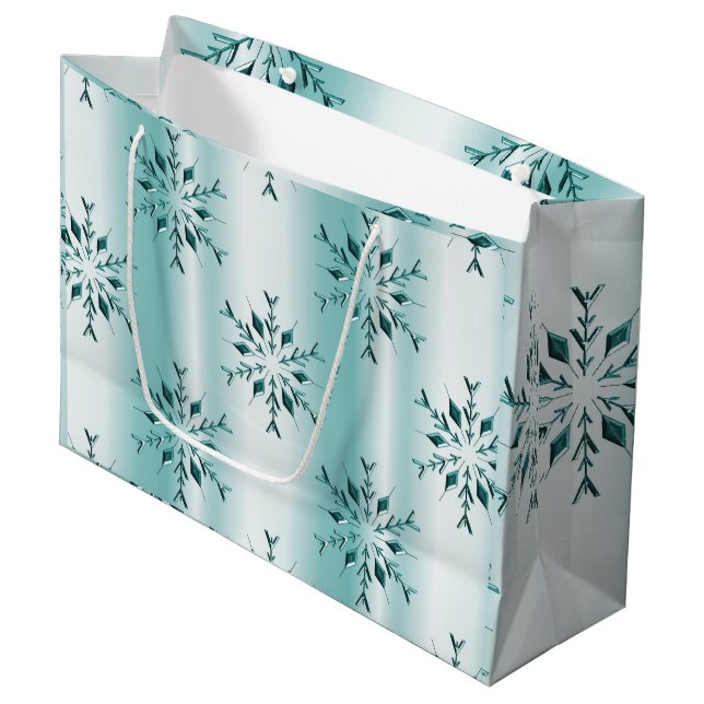Teal Christmas Snowflakes Large Gift Bag (Front Angled)