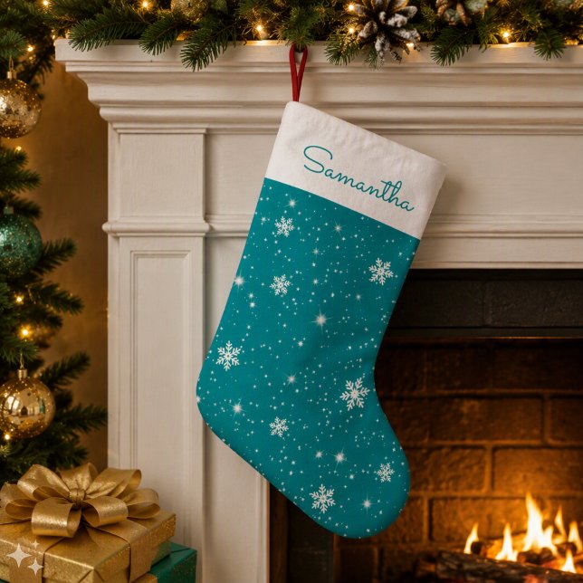 Teal Christmas Snowflakes Stars Pattern with Name Small Christmas Stocking (Creator Uploaded)