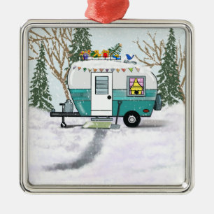 Teal Christmas Trailer Metal Tree Decoration
