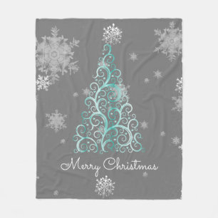 Teal Christmas Tree and Snowflakes Fleece Blanket