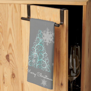 Teal Christmas Tree and Snowflakes Kitchen Towel