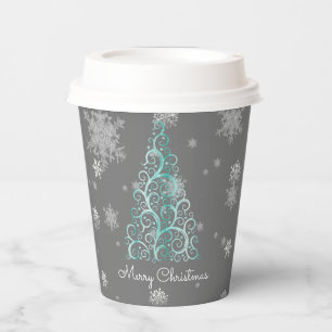 Teal Christmas Tree and Snowflakes Paper Cup