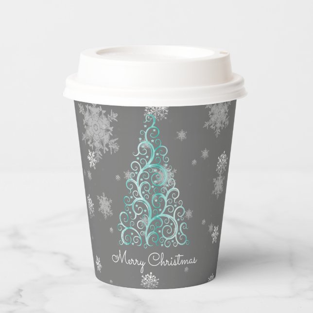 Teal Christmas Tree and Snowflakes Paper Cup (Front)