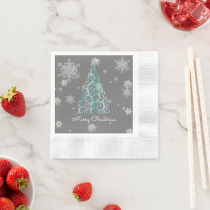 Teal Christmas Tree and Snowflakes Paper Napkin