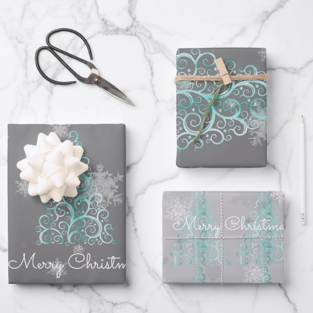 Teal Christmas Tree and Snowflakes Wrapping Paper Sheet (Front)