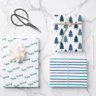 Teal Christmas Tree Glitter Stripes Wrapping Paper Sheet