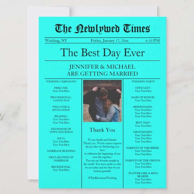 Teal Classic Traditional Newspaper Wedding Invitation (Front)