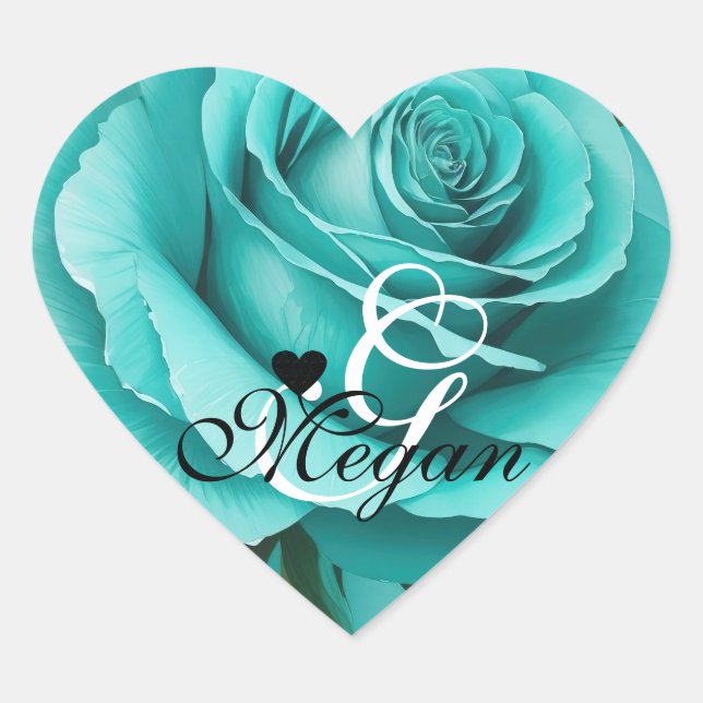 Teal Colour Rose Background Monogram Name Heart Sticker (Front)