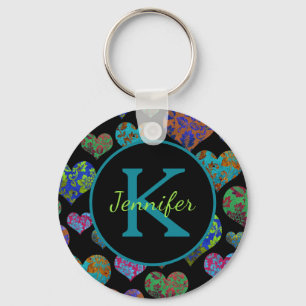 Teal Colourful floral hearts initial name monogram Key Ring