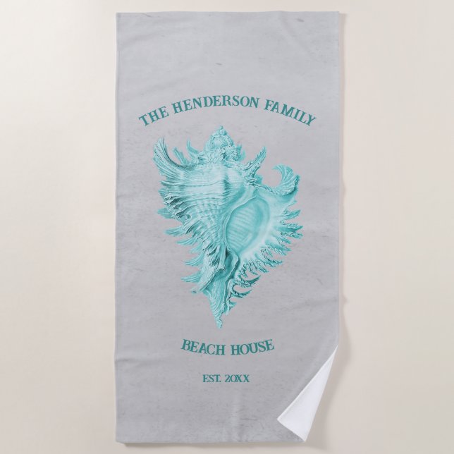 Teal Conch Shell Beach Towel (Front)
