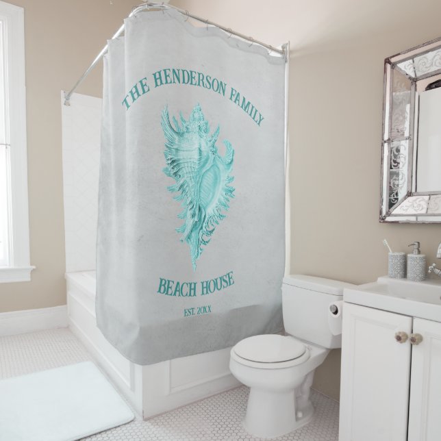 Teal Conch Shell Shower Curtain (In Situ)