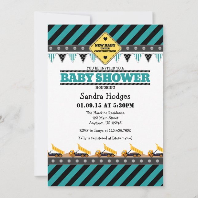 Teal Construction Baby Shower Invitation (Front)