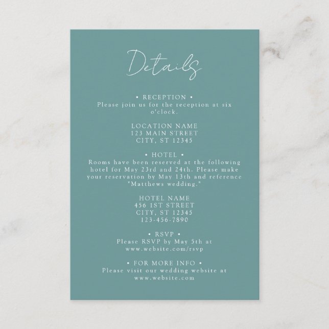 Teal Coordinate Wedding Details Enclosure Card (Front)
