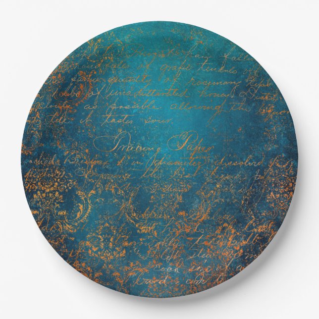 Teal & Copper Patina Script Paper Plate (Front)