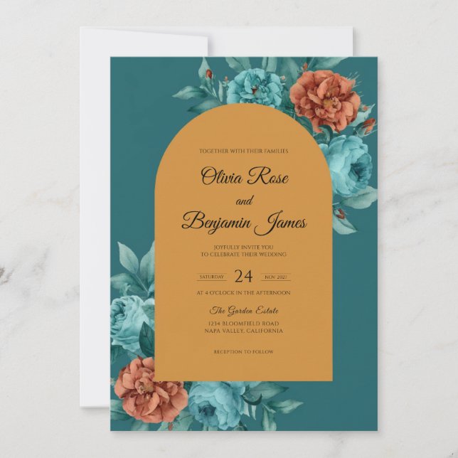 Teal Copper Petal Wedding Invitation (Front)