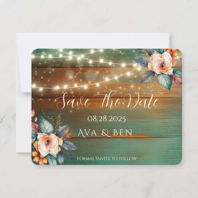 Teal Copper Wood Floral Light Save The Date Card (Front)