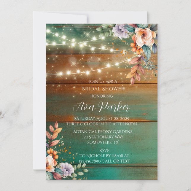 Teal Copper Wood Peony Light Bridal Shower Invitation (Front)