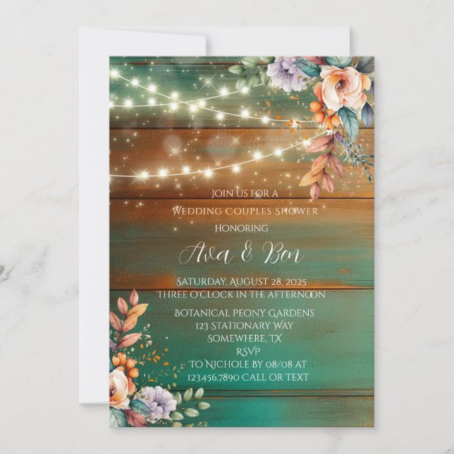 Teal Copper Wood Peony Light Wedding Couples Showe Invitation (Front)