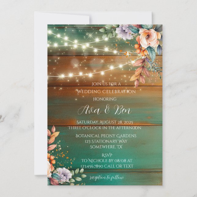 Teal Copper Wood Peony Lights Wedding Celebration Invitation (Front)