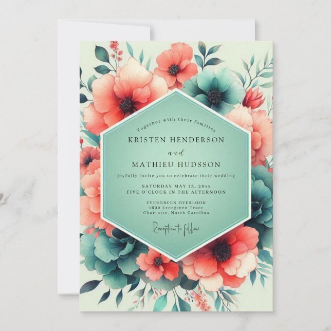 Teal Coral Artful Flora Wedding Invitation (Front)