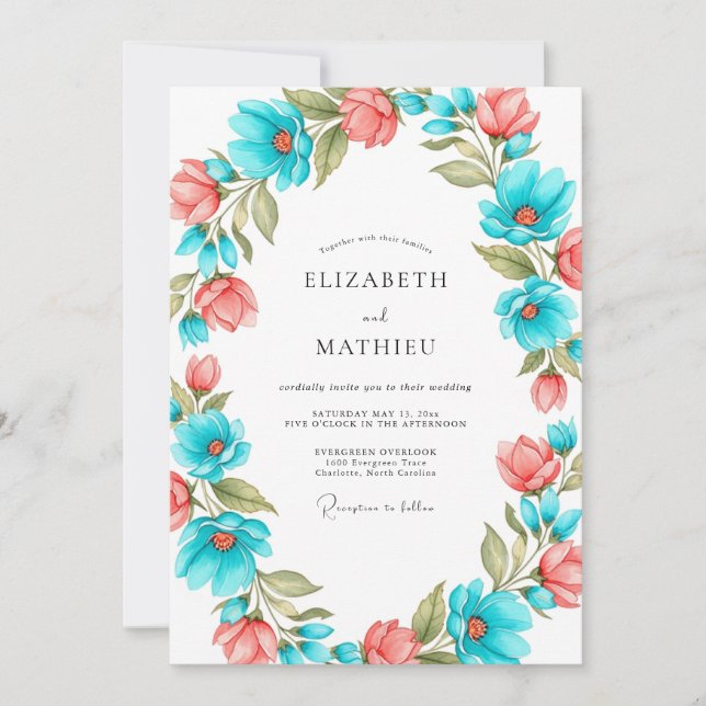 Teal Coral Artistic Blossom Wedding Invitation (Front)