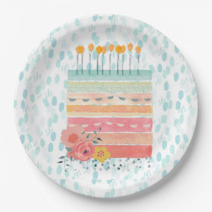 Teal & Coral Birthday Cake Party Paper Plates