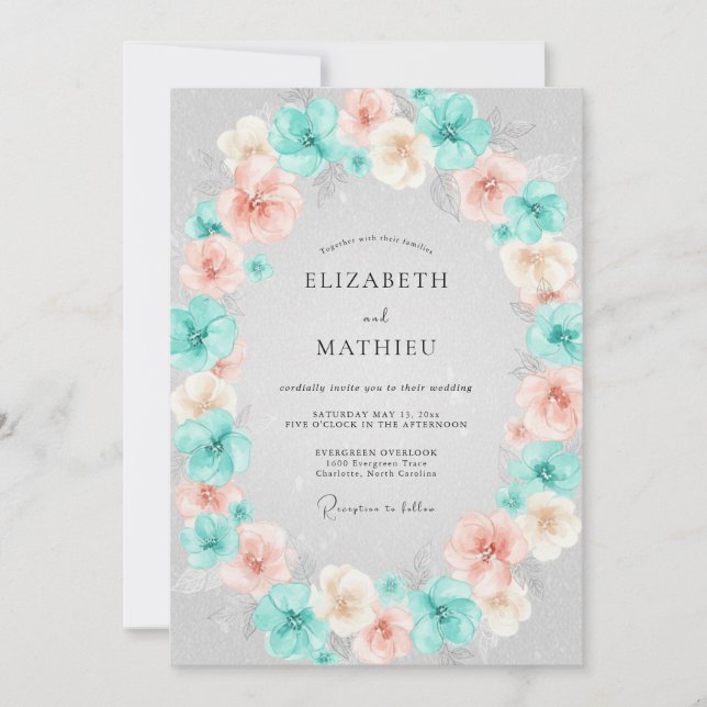 Teal Coral Bloom Flourish Wedding Invitation (Front)
