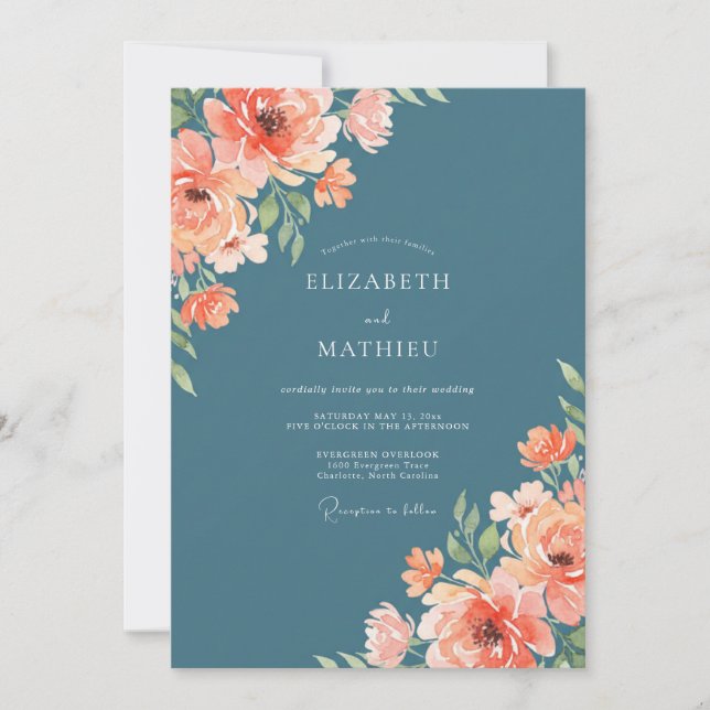 Teal Coral Bloom Whimsy Wedding Invitation (Front)