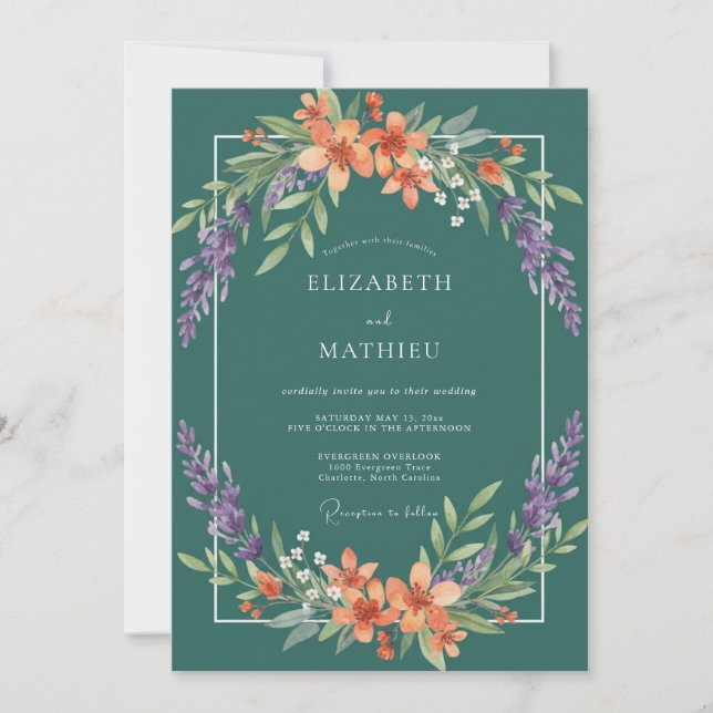 Teal Coral Blossom Wreath Wedding Invitation (Front)