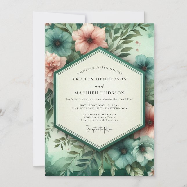 Teal Coral Botanical Romance Wedding Invitation (Front)