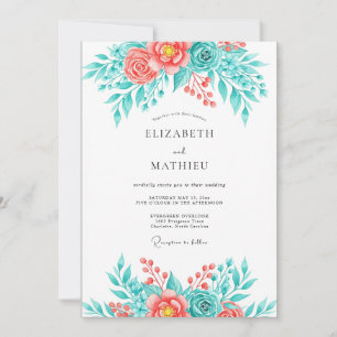 Teal Coral Breezy Botanical Wedding Invitation