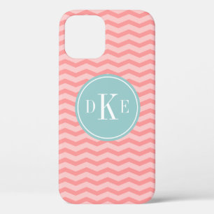 Teal coral chevron 3 letter monogram iPhone case