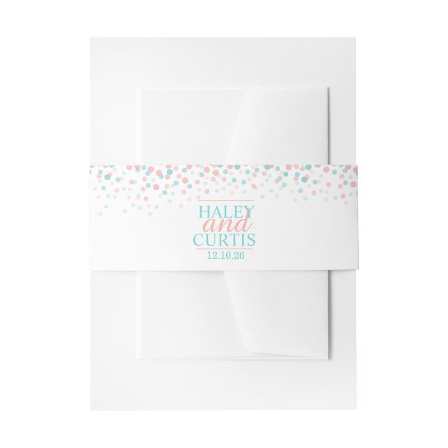 Teal coral confetti dots wedding custom belly band invitation belly band (Front Example)