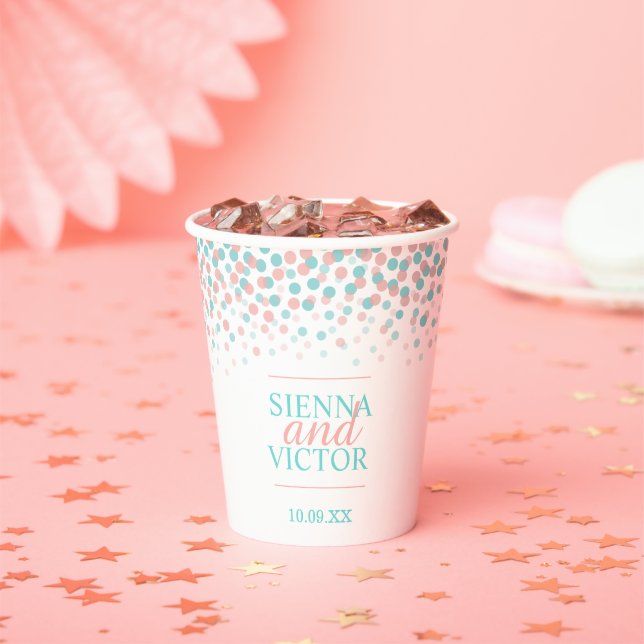Teal coral confetti wedding custom name paper cups (Insitu)