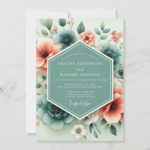 Teal Coral Ethereal Flora Wedding Invitation