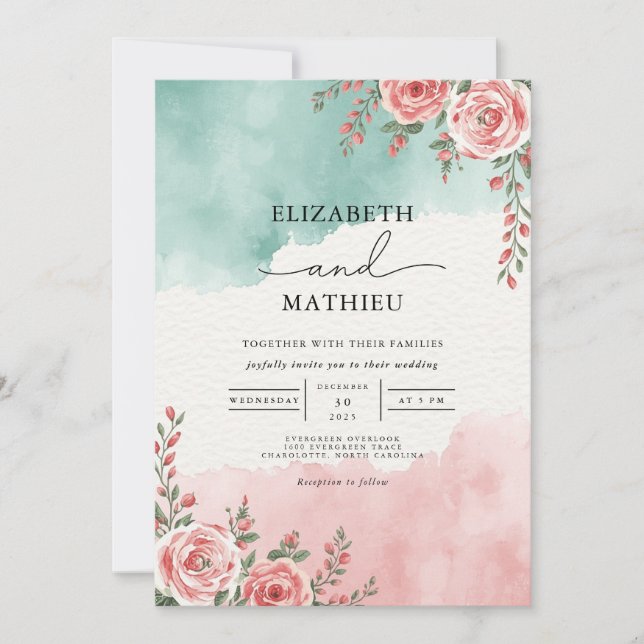 Teal Coral Floral Arch Wedding Invitation (Front)