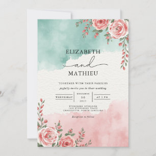 Teal Coral Floral Arch Wedding Invitation