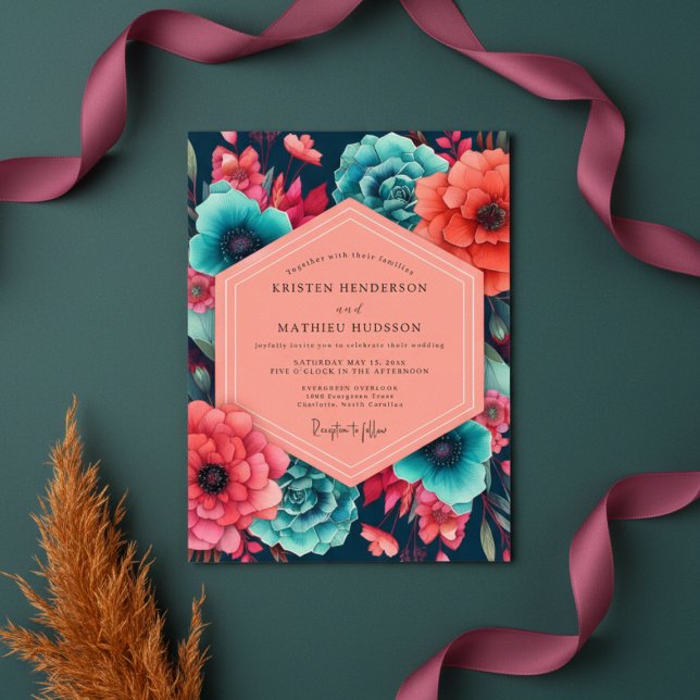 Teal Coral Floral Opulence Wedding Invitation (Creator Uploaded)