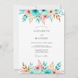 Teal Coral Floral Romance Wedding Invitation