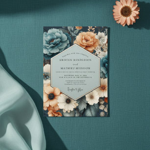 Teal Coral Floral Romance Wedding Invitation
