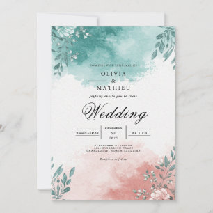 Teal Coral Floral Splash Wedding Invitation