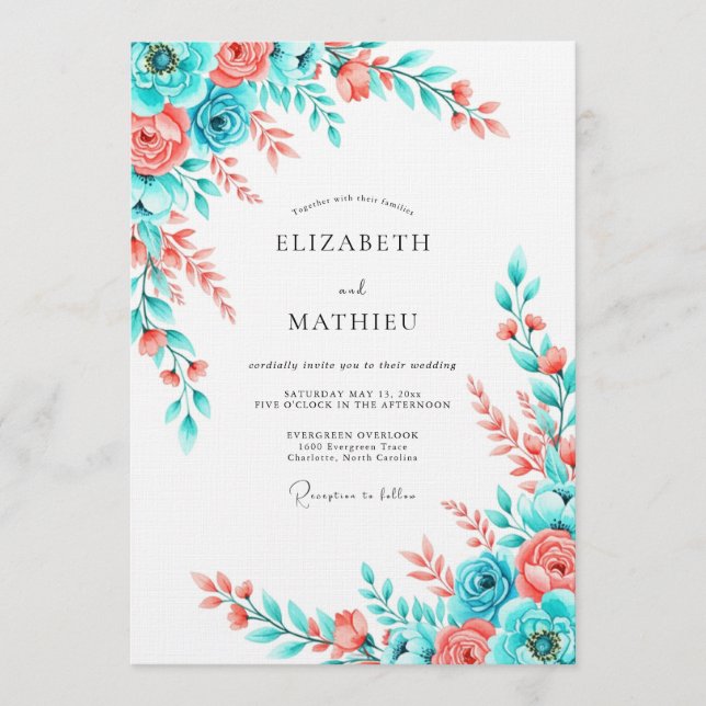 Teal Coral Floral Watercolor Wedding Invitation (Front)