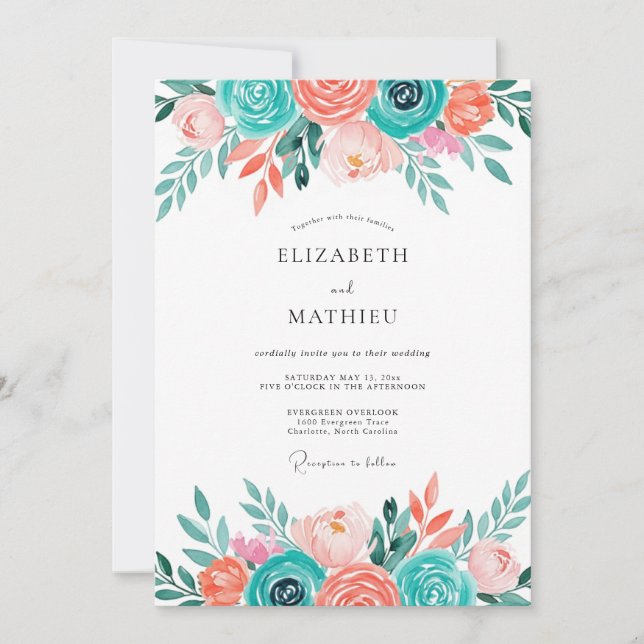 Teal Coral Floral Whimsical Wedding Invitation (Front)