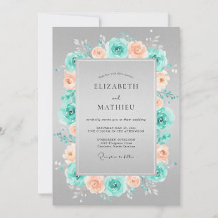 Teal Coral Floral Wreath Wedding Invitation
