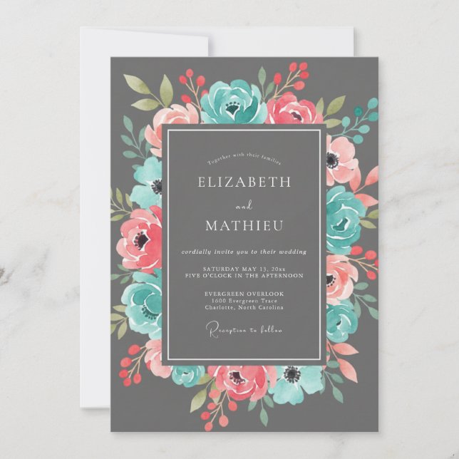 Teal Coral Flourish Romance Wedding Invitation (Front)