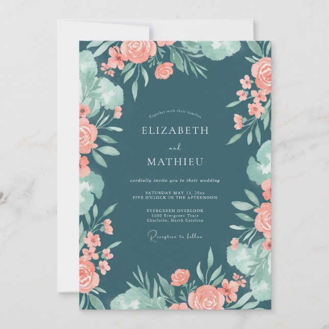 Teal Coral Foliage Eucalyptus Wedding Invitation (Front)