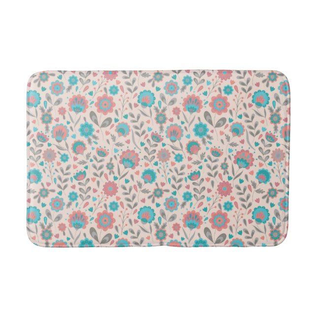 Teal & Coral Folk Art Floral Pattern Bath Mat (Front)