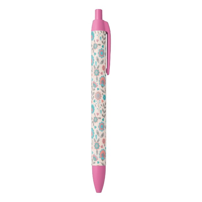 Teal & Coral Folk Art Floral Pattern Black Ink Pen (Bottom (Vertical))