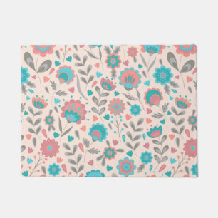 Teal & Coral Folk Art Floral Pattern Doormat