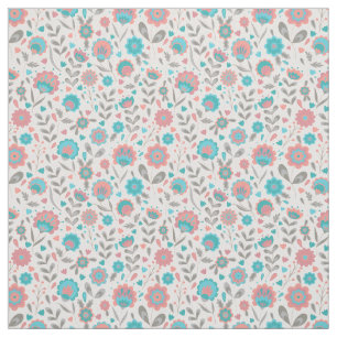Teal & Coral Folk Art Floral Pattern Fabric